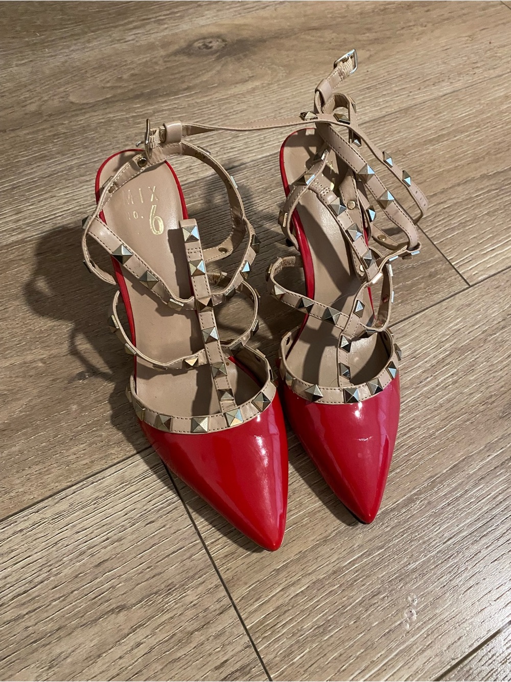 Mix No. 6 Red Patent Pointed Studded T-Strap Heels